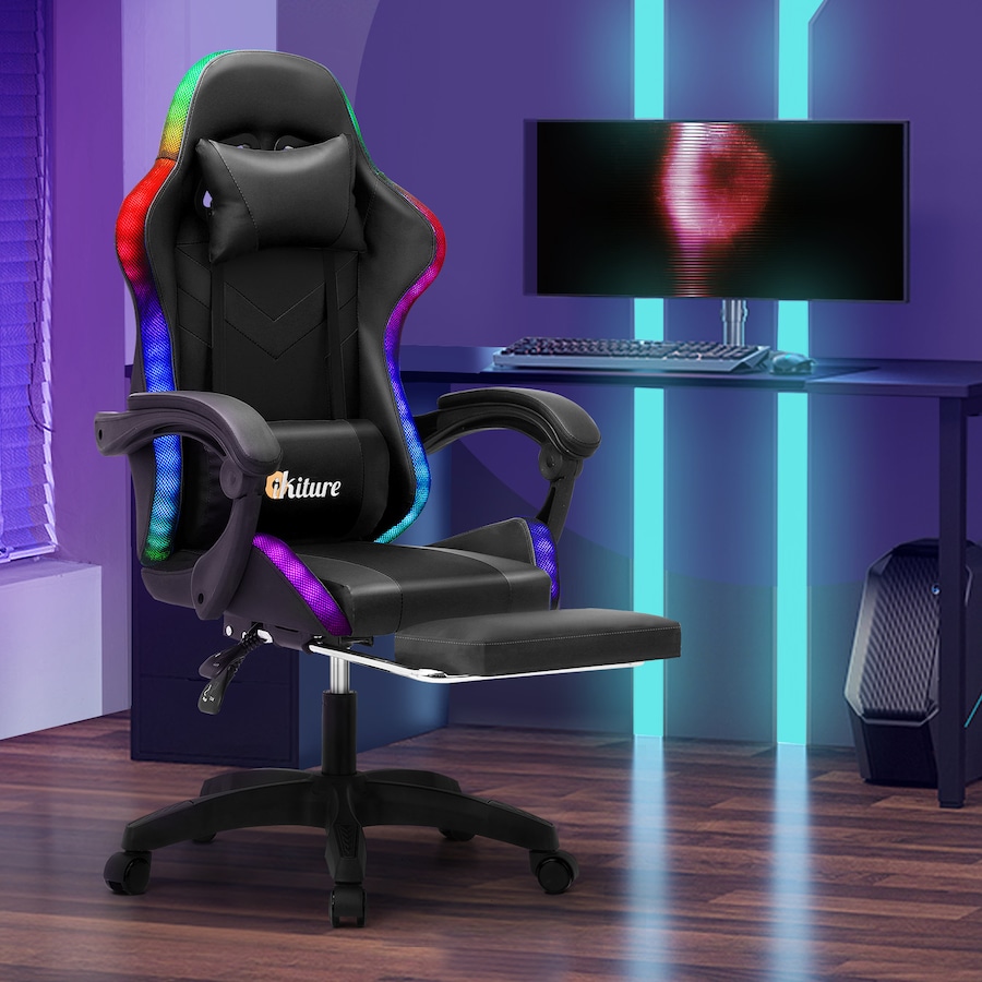 Oikiture Gaming Chair 7 RGB LED 8 Points Massage Racing Recliner Office Computer