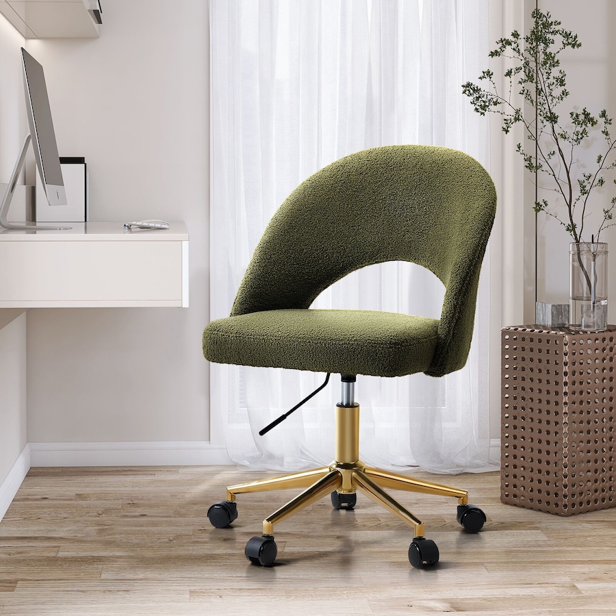 Oikiture High Back Hollow Armless Home Office Chair Boucle Green&Gold
