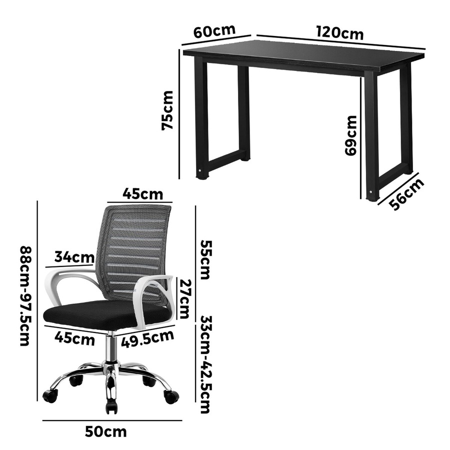Oikiture Home Office Desk and Mesh Chair Set BK&WH Study Work Table