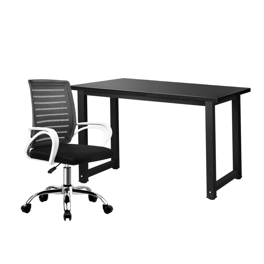 Oikiture Home Office Desk and Mesh Chair Set BK&WH Study Work Table