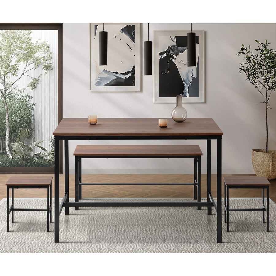 Oikiture Industrial Dining Table 4 Seaters with Kitchen Bench Chairs Natural