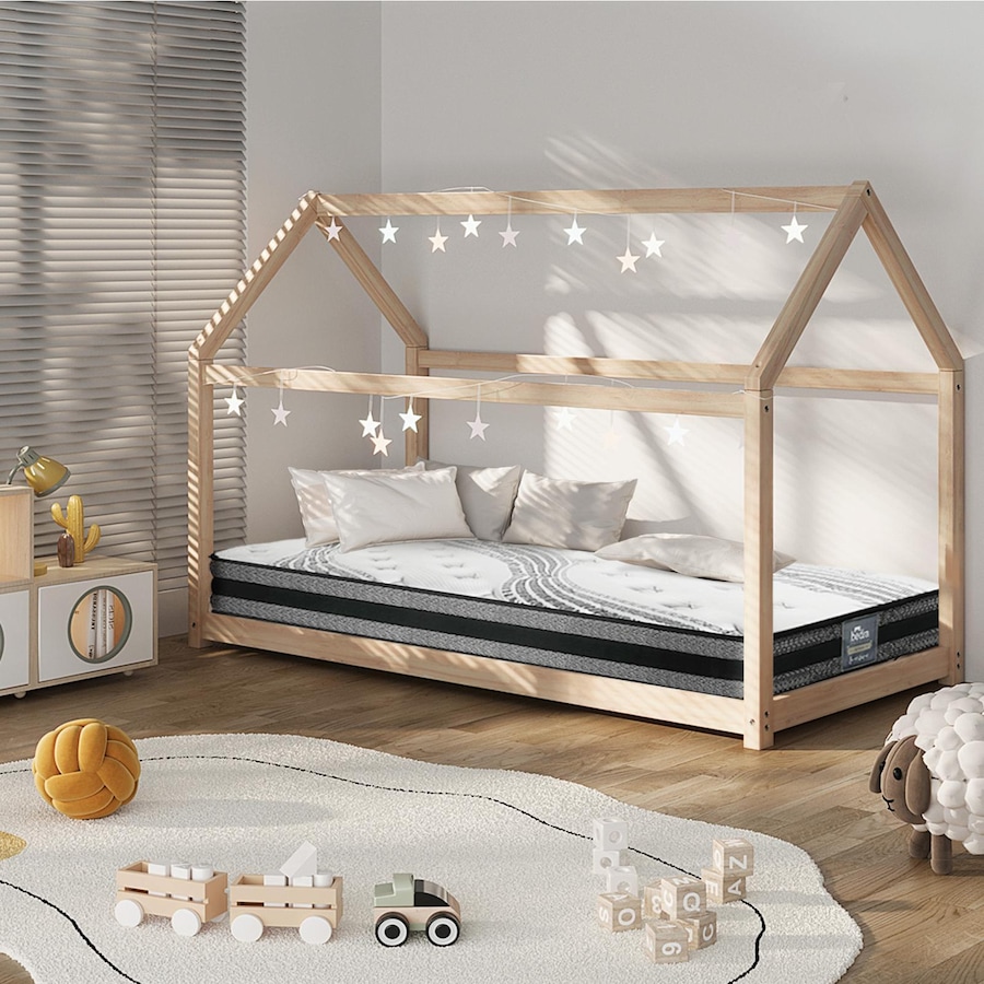 Oikiture Montessori Kids Bed Frame with Mattress Single House Wooden
