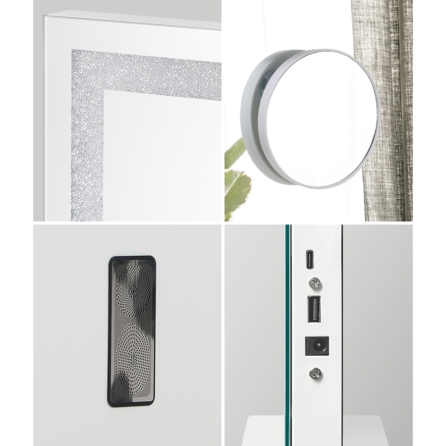 Oikiture LED Crystal Makeup Mirror 58x49cm Bluetooth Hollywood Vanity Mirrors Standing Wall Mounted