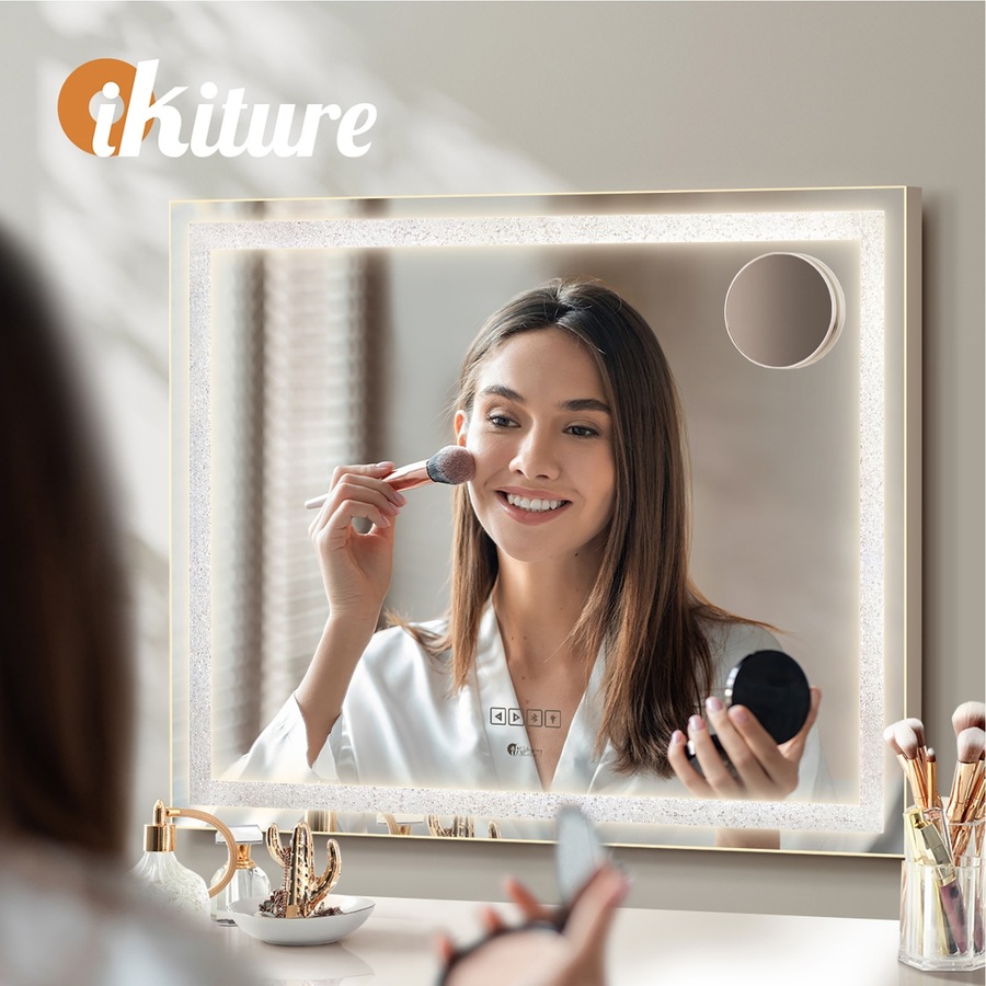 Oikiture LED Crystal Makeup Mirror 58x49cm Bluetooth Hollywood Vanity Mirrors Standing Wall Mounted