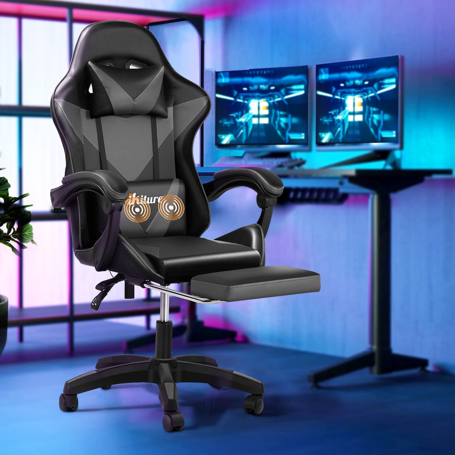 Oikiture Massage Gaming Chair Lumbar Support Height Adjustable Swivel Seat Headrest for Office Gaming Black&Grey