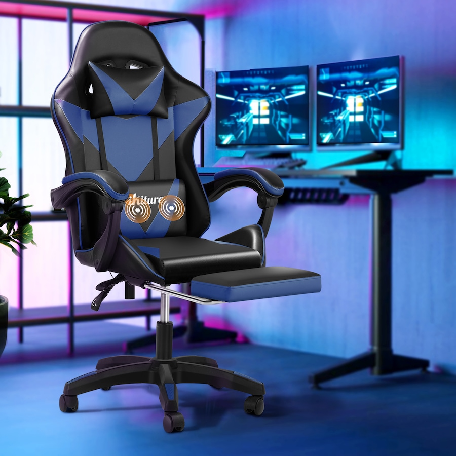 Oikiture Massage Gaming Chair Lumbar Support Height Adjustable Swivel Seat Headrest for Office Gaming