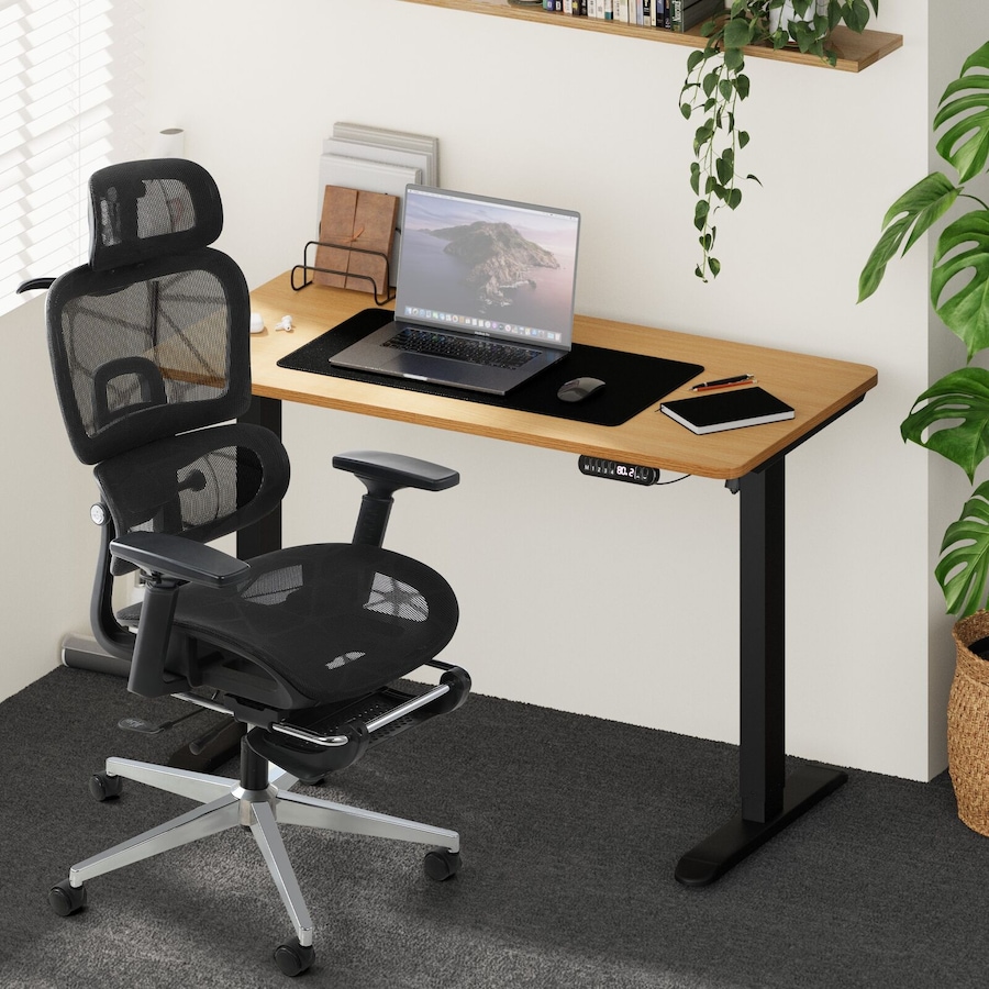 Oikiture Office Desk and Chair Set Mesh Ergonomic Chair Sit-stand Desk Black&Oak