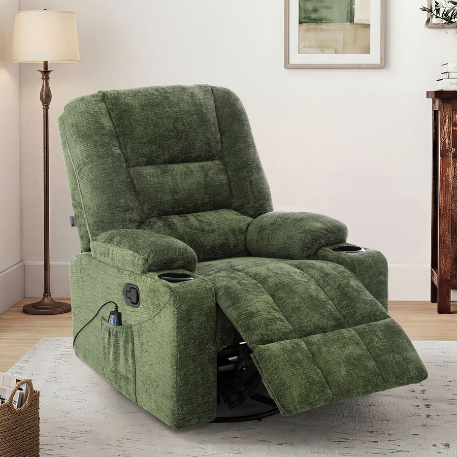 Oikiture Recliner Chair 360 Swivel Rocking Heated Electric Massage Chair Green