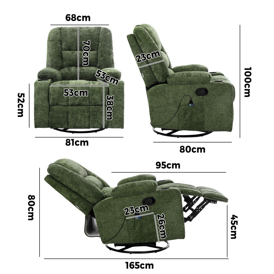 Oikiture Recliner Chair 360 Swivel Rocking Heated Electric Massage Chair Green