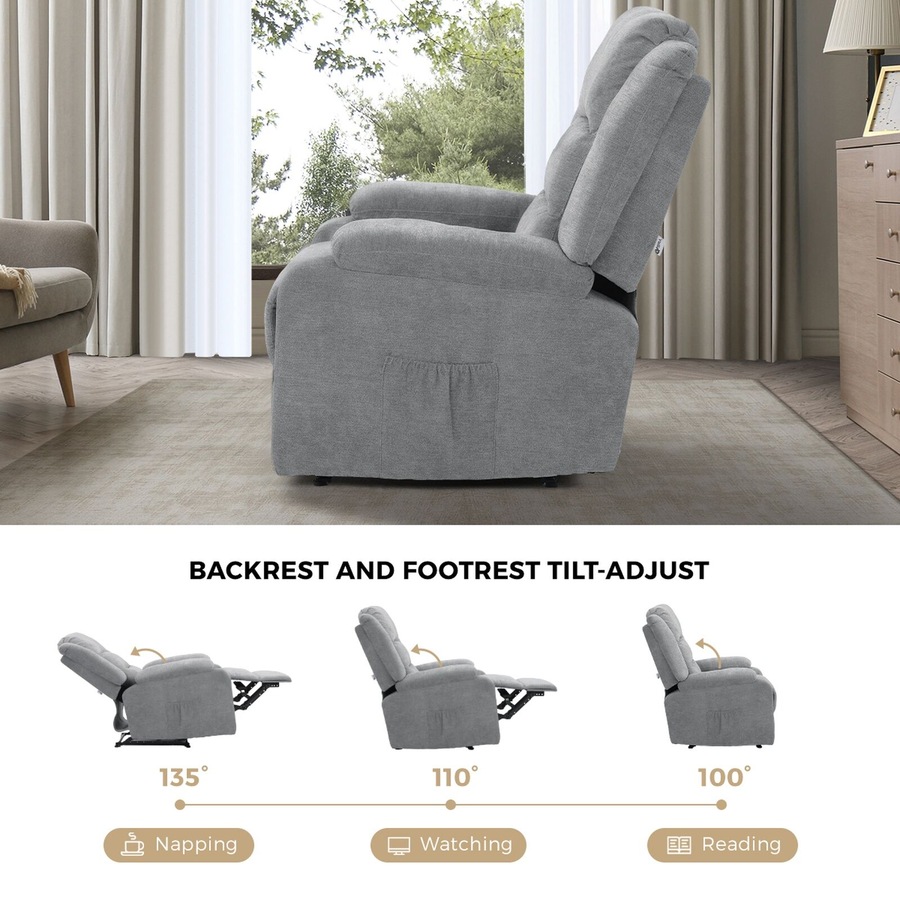 Oikiture Recliner Chair ArmChair Padded Lounge With Side Pocket Polyester Grey