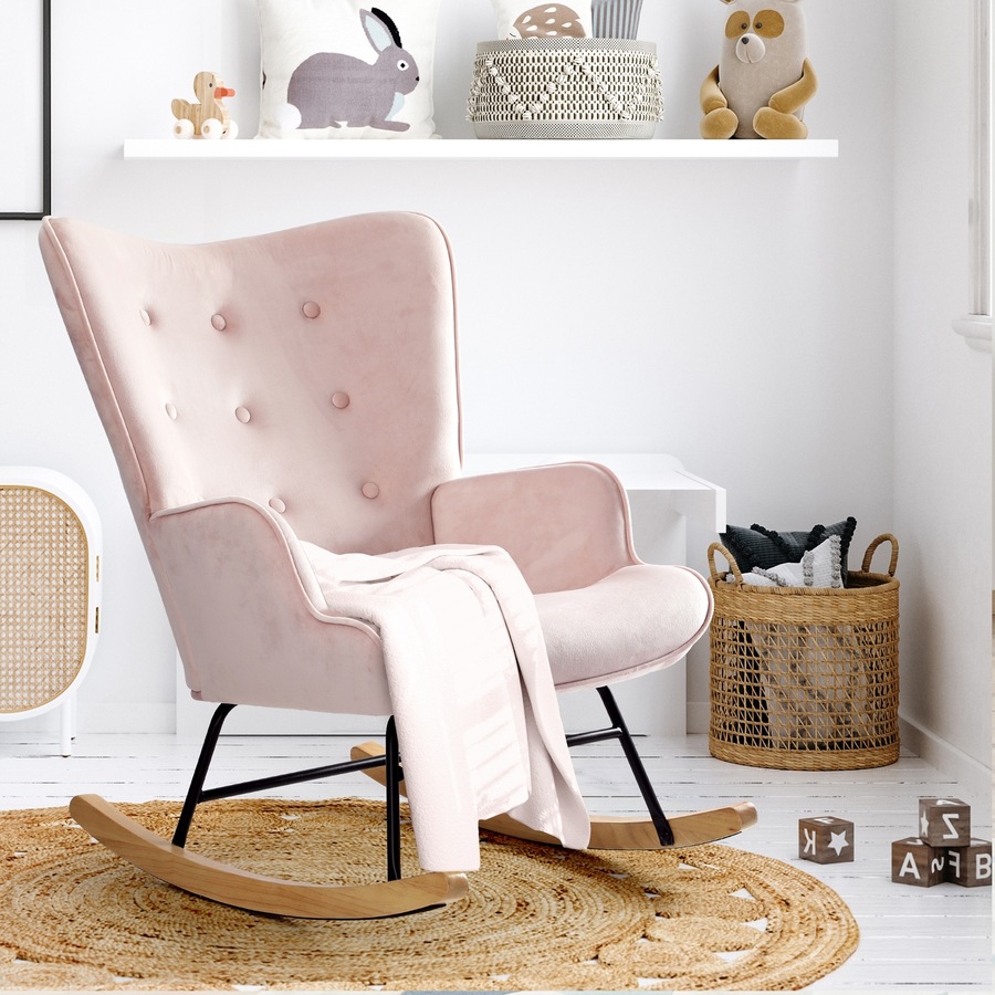 Oikiture Rocking Chair Armchair Velvet Accent Chairs Fabric Upholstered Pink