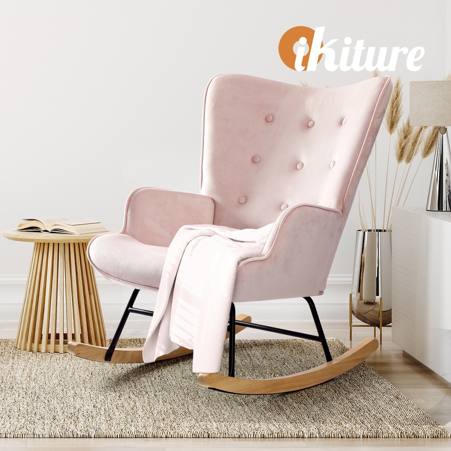 Oikiture Rocking Chair Armchair Velvet Accent Chairs Fabric Upholstered Pink