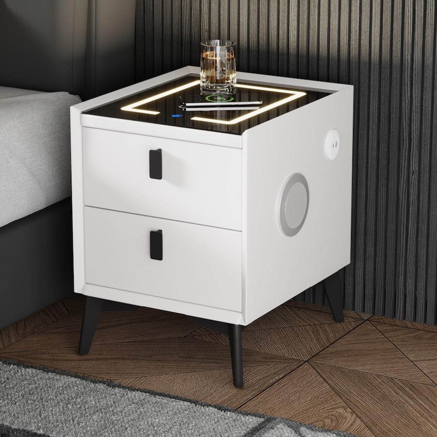 Oikiture Set of 2 Smart Bedside Tables Wireless Charging LED Drawers Nightstand
