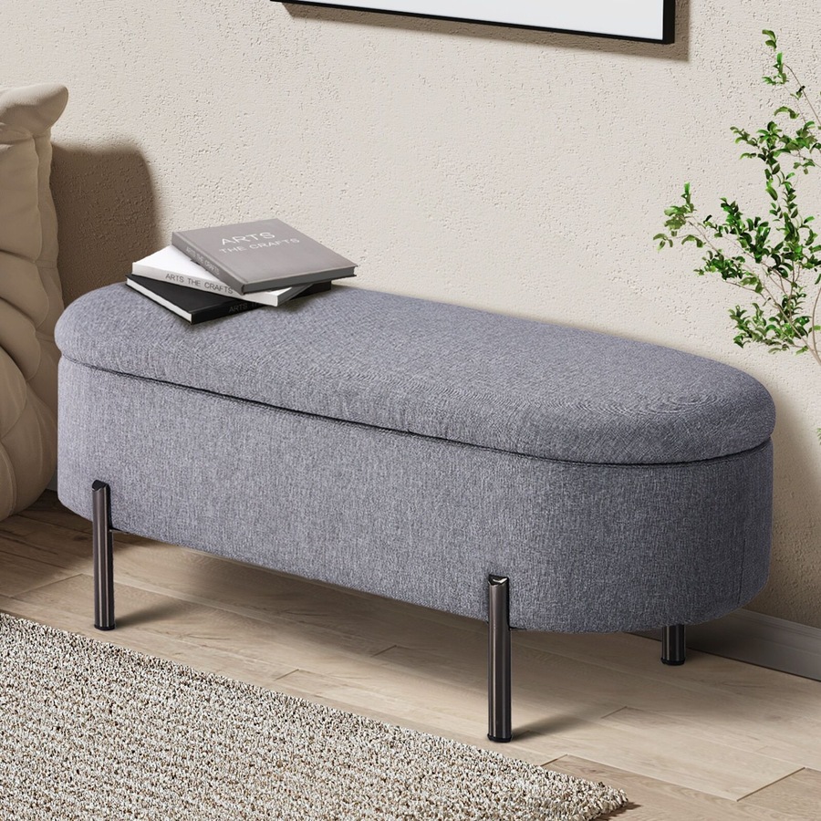Oikiture Storage Ottoman Bench Oval Footstool Blanket Box Chest Toy Linen Grey