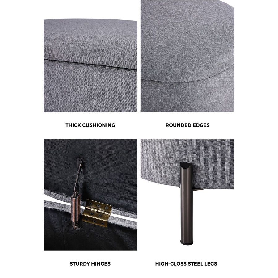 Oikiture Storage Ottoman Bench Oval Footstool Blanket Box Chest Toy Linen Grey