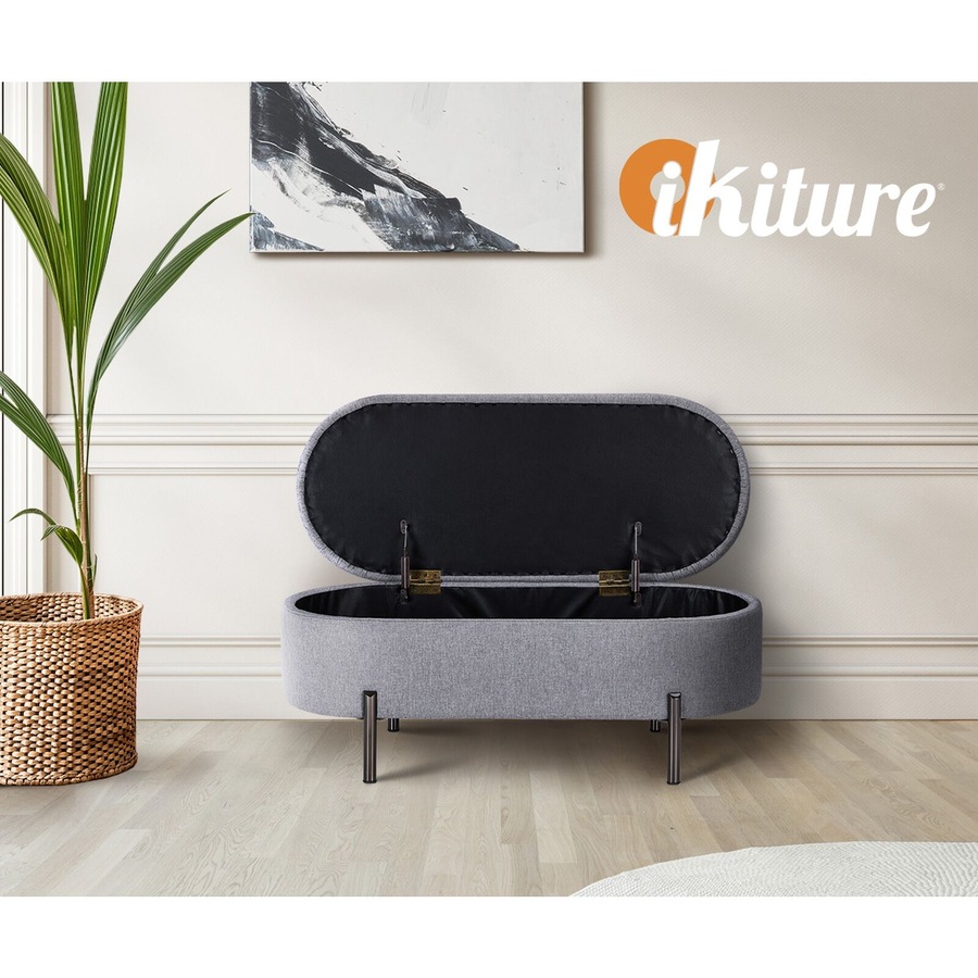 Oikiture Storage Ottoman Bench Oval Footstool Blanket Box Chest Toy Linen Grey