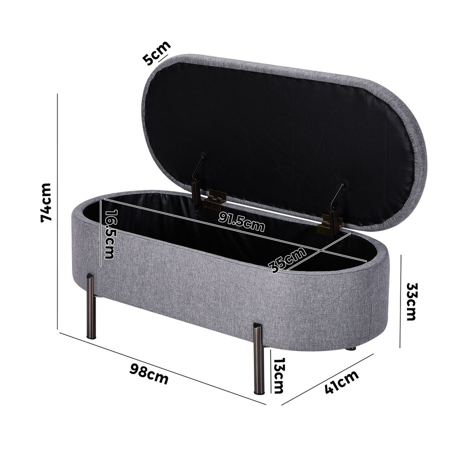 Oikiture Storage Ottoman Bench Oval Footstool Blanket Box Chest Toy Linen Grey