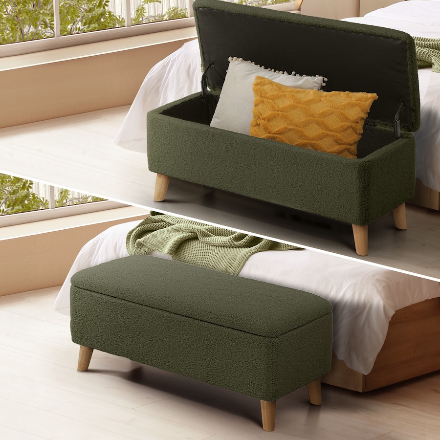 Oikiture Storage Ottoman Blanket Box Chest Toy Footstool Bench Sherpa Green