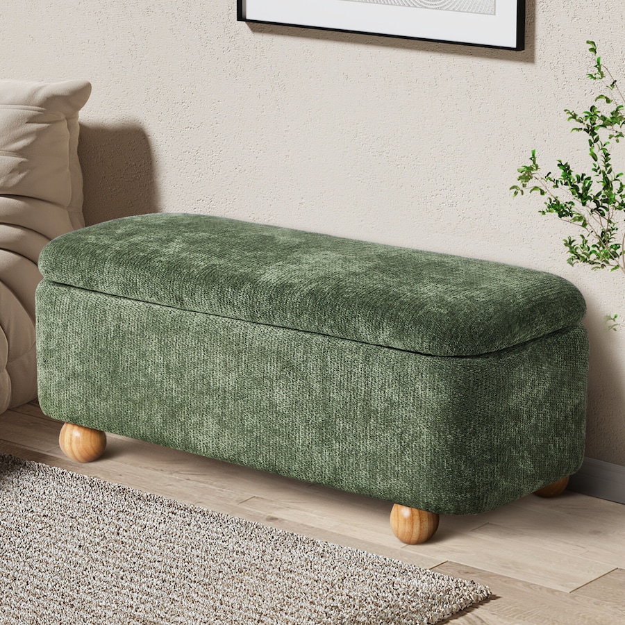 Oikiture Storage Ottoman Blanket Box Couch Bench Chenille Ball Foot Stool