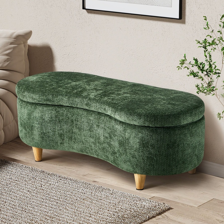 Oikiture Storage Ottoman Cashew Foot Stool Chenille Chest Bench Blanket Box Green