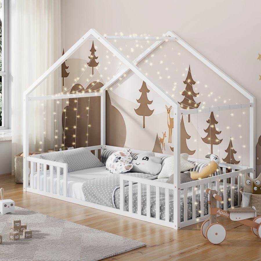 Oikiture Wooden Kids Bed Frame King Single House Beds Timber No Slats White