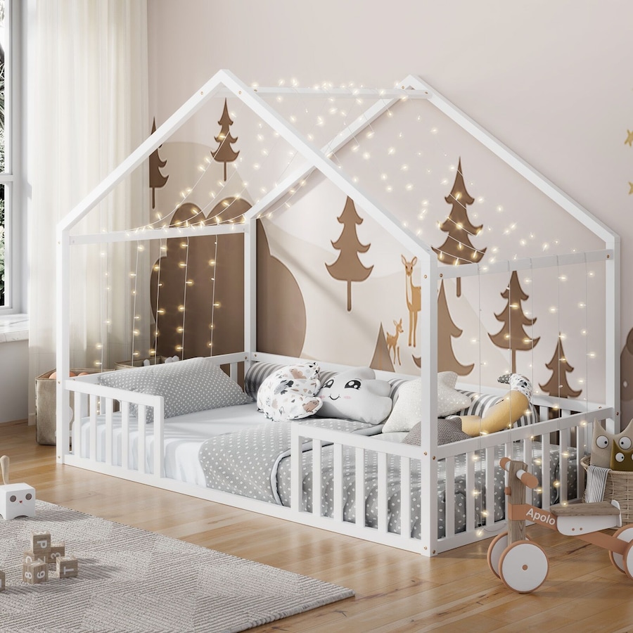 Oikiture Wooden Kids Bed Frame King Single House Beds Timber No Slats White