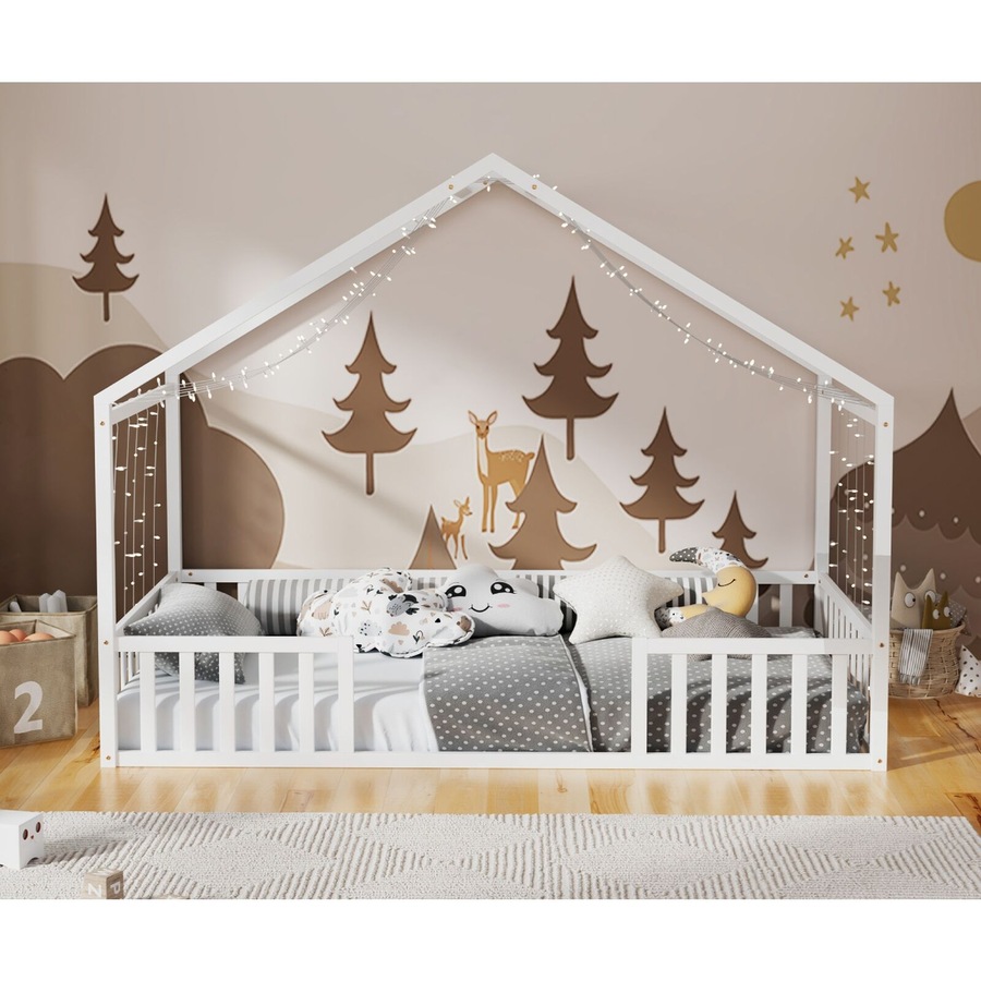 Oikiture Wooden Kids Bed Frame King Single House Beds Timber No Slats White
