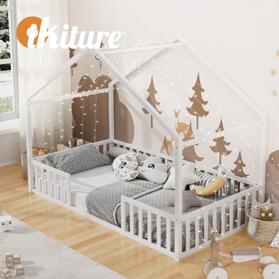 Oikiture Wooden Kids Bed Frame King Single House Beds Timber No Slats White
