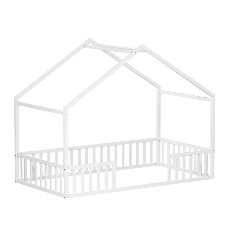 Oikiture Wooden Kids Bed Frame King Single House Beds Timber No Slats White