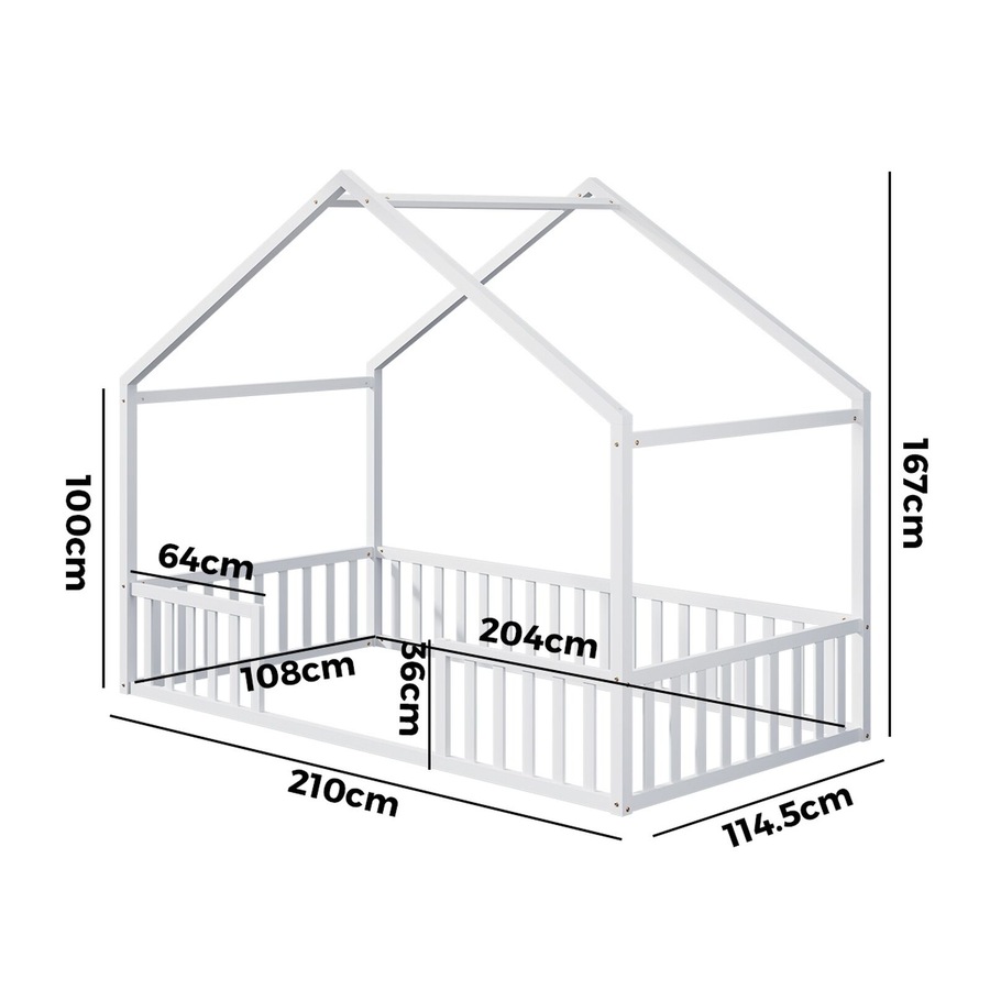Oikiture Wooden Kids Bed Frame King Single House Beds Timber No Slats White