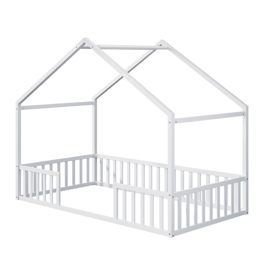 Oikiture Wooden Kids Bed Frame King Single House Beds Timber No Slats White