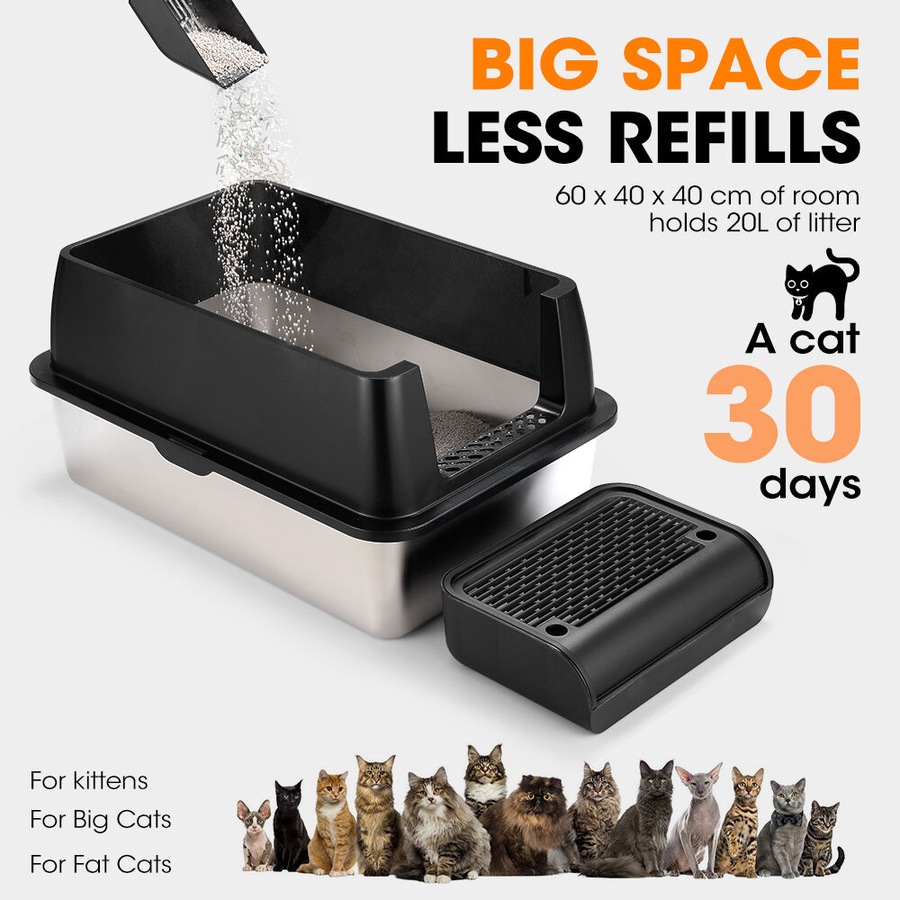 Petzly Stainless Steel Cat Litter Box Enclosed Extra Large Litter Tray Non Stick