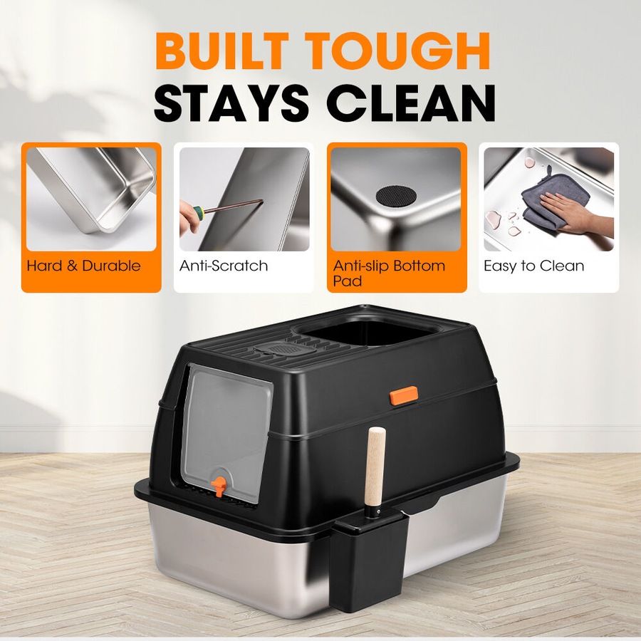 Petzly Stainless Steel Cat Litter Box Enclosed Extra Large Litter Tray Non Stick