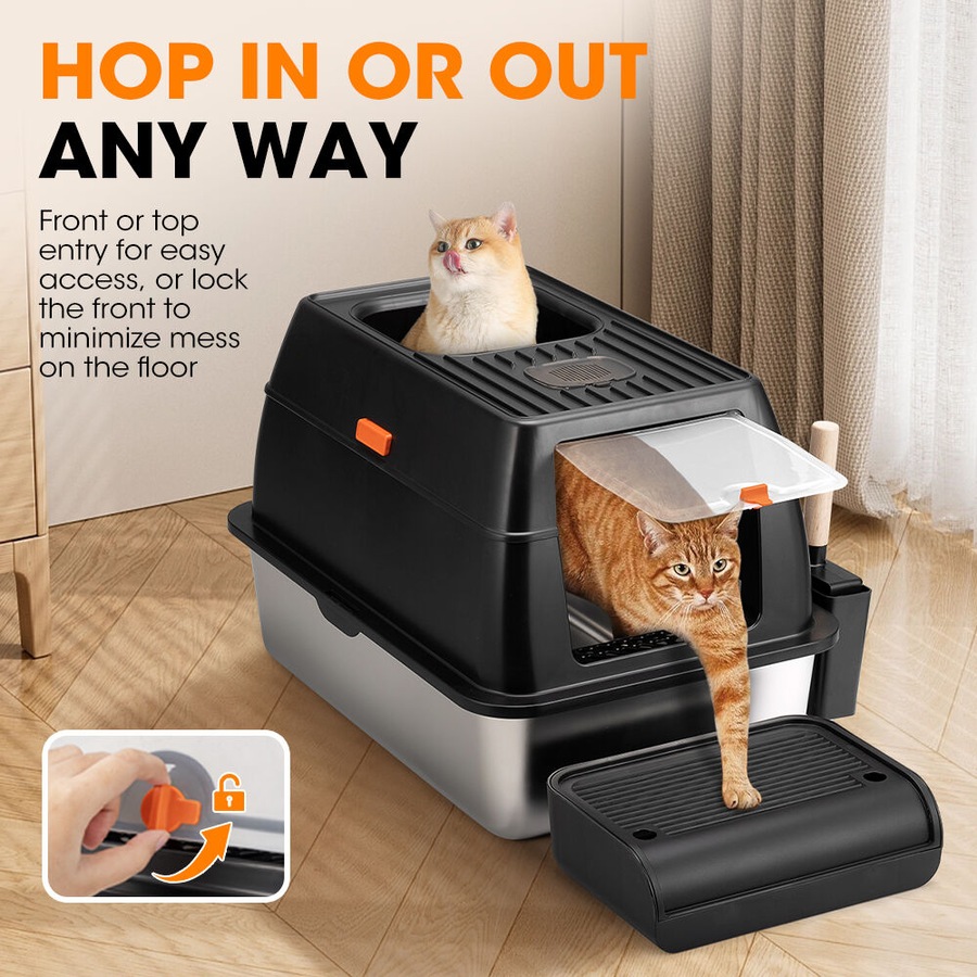 Petzly Stainless Steel Cat Litter Box Enclosed Extra Large Litter Tray Non Stick