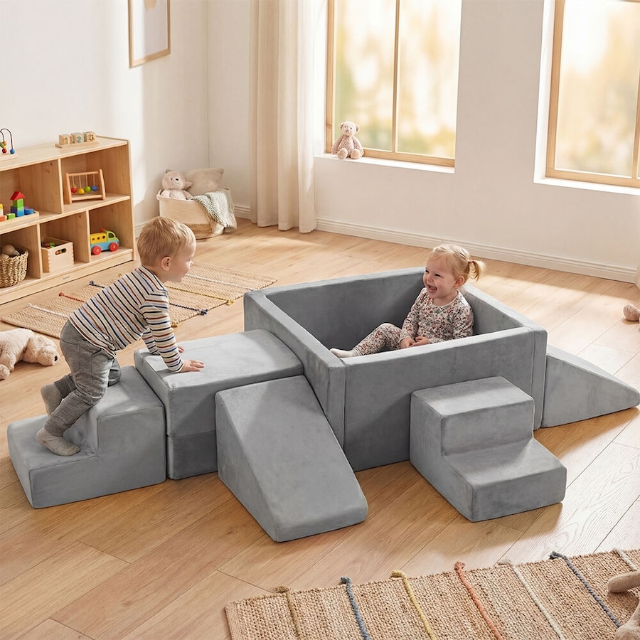 Playpals 6-Piece Kids Foam Climbing Blocks Set Activity Toys with Ball Pit Grey