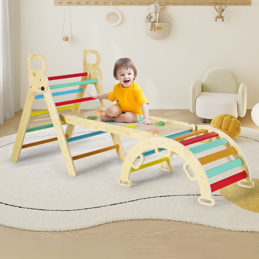 PlayPals 7-In-1 Pikler Triangle Set Wooden Montessori Climbing Toys Toddlers Climber