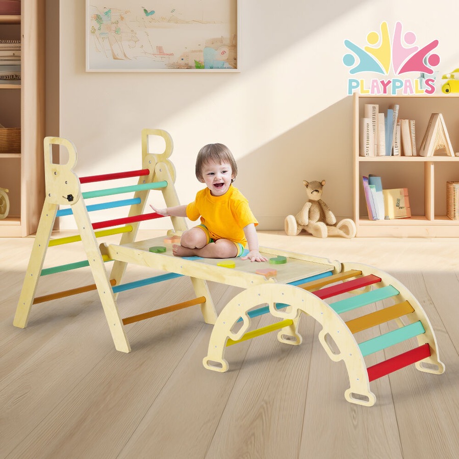 PlayPals 7-In-1 Pikler Triangle Set Wooden Montessori Climbing Toys Toddlers Climber