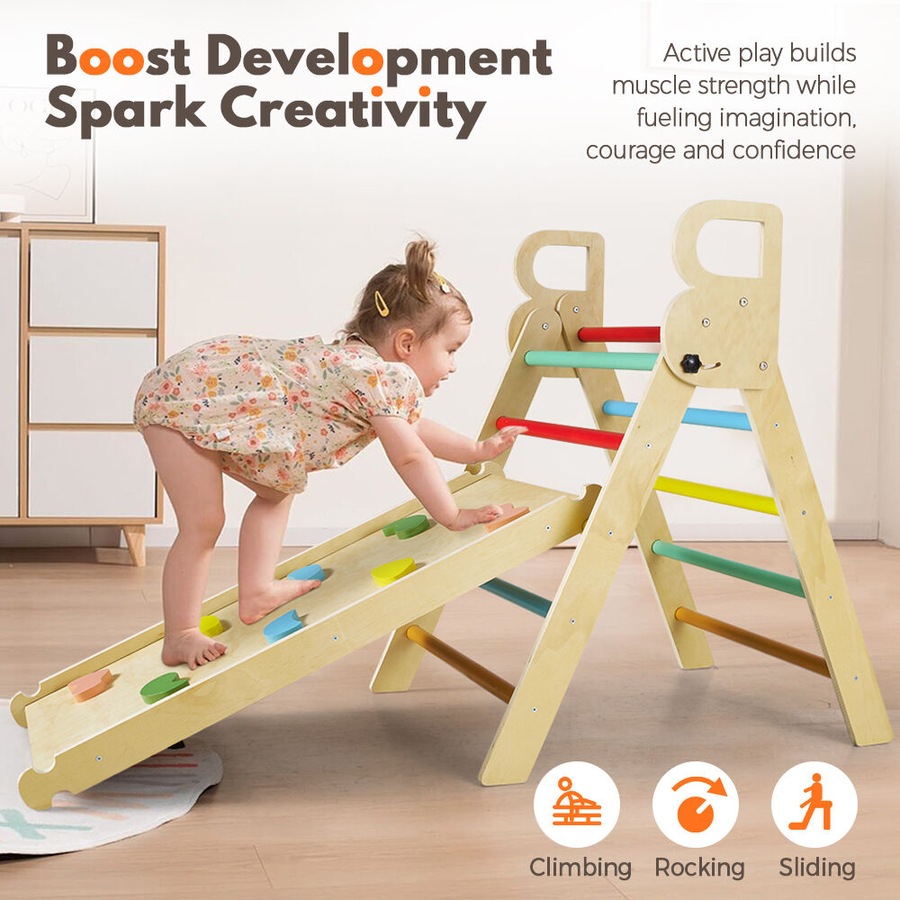 PlayPals 7-In-1 Pikler Triangle Set Wooden Montessori Climbing Toys Toddlers Climber