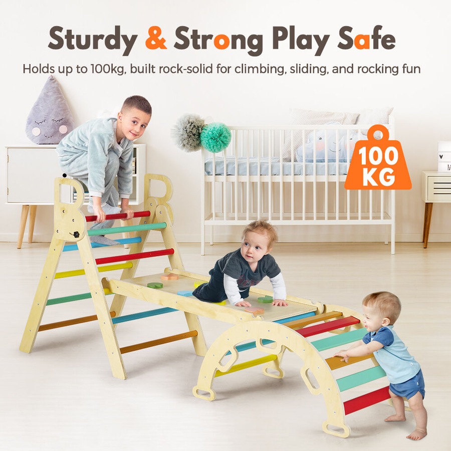 PlayPals 7-In-1 Pikler Triangle Set Wooden Montessori Climbing Toys Toddlers Climber