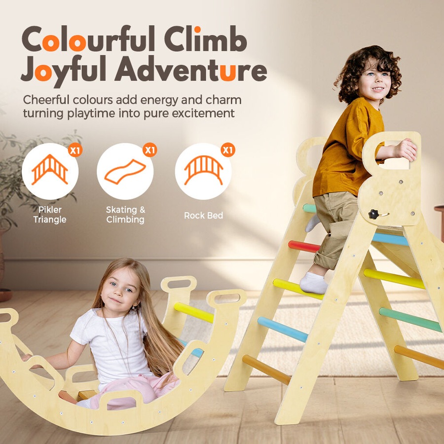 PlayPals 7-In-1 Pikler Triangle Set Wooden Montessori Climbing Toys Toddlers Climber