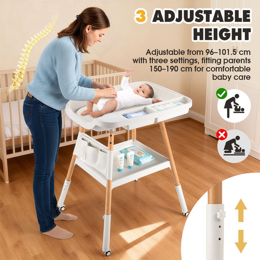 PlayPals Baby Changing Table Adjustable Height Woodden Diaper with Wheels