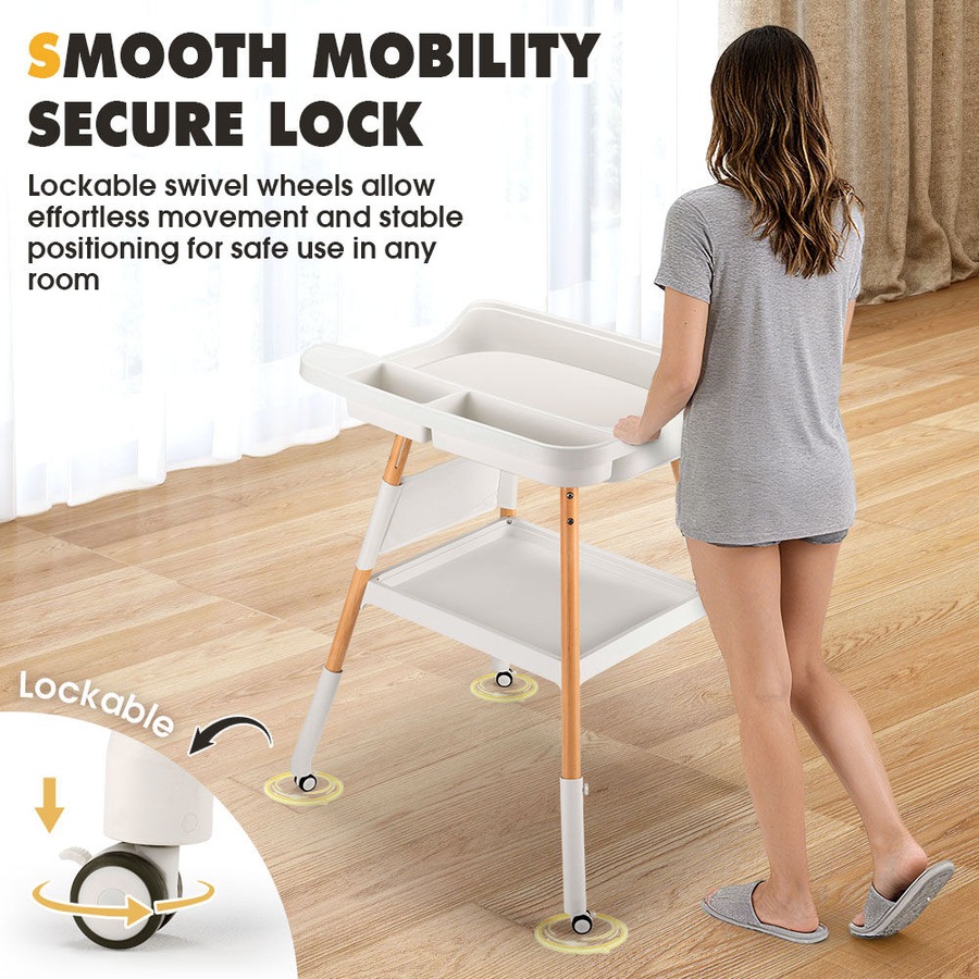 PlayPals Baby Changing Table Adjustable Height Woodden Diaper with Wheels