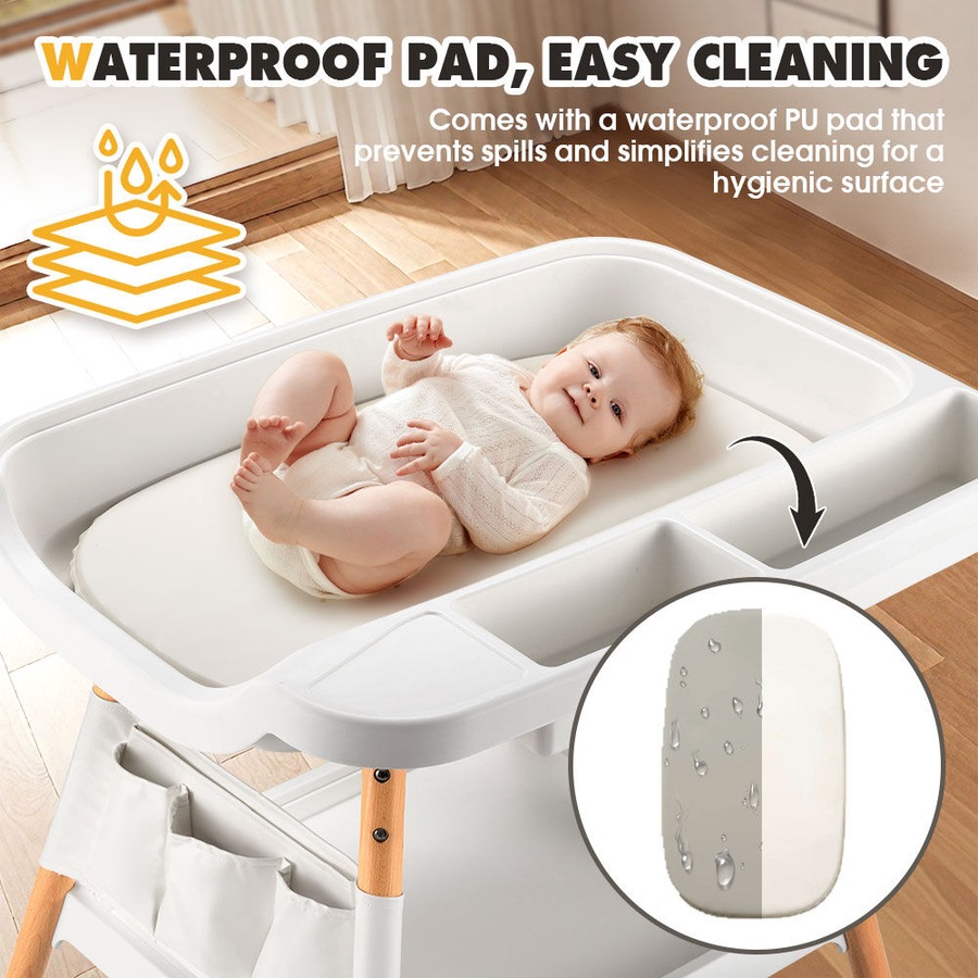 PlayPals Baby Changing Table Adjustable Height Woodden Diaper with Wheels