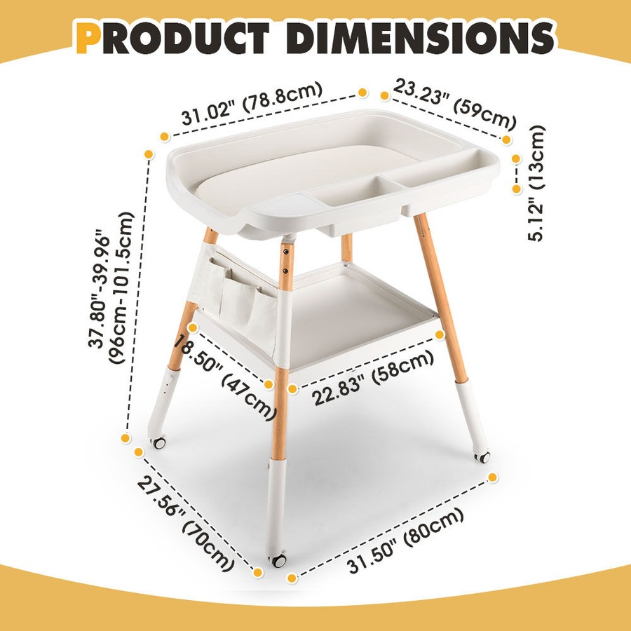 PlayPals Baby Changing Table Adjustable Height Woodden Diaper with Wheels