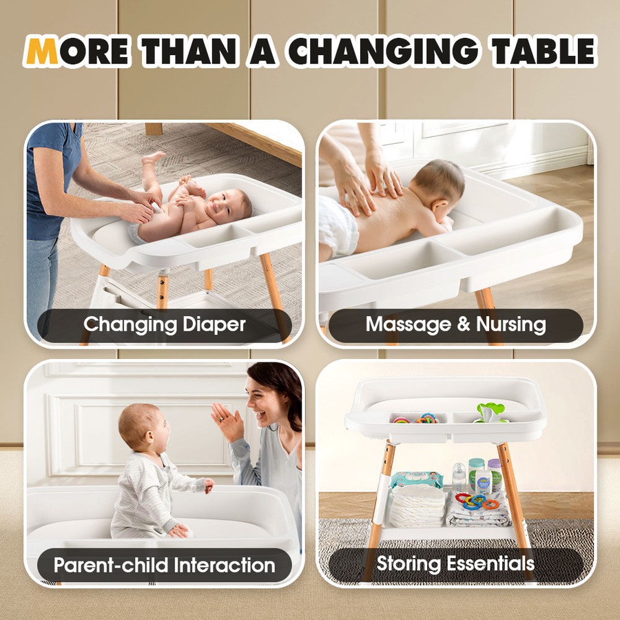 PlayPals Baby Changing Table Adjustable Height Woodden Diaper with Wheels