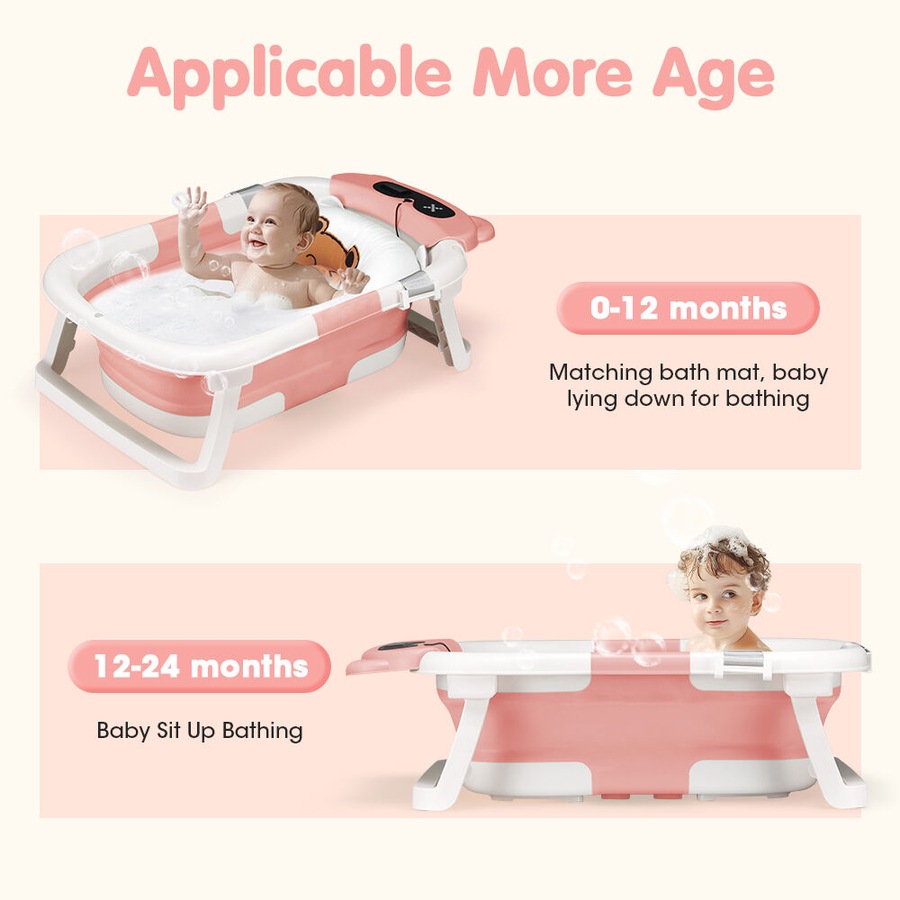 Playpals Collapsible Baby Bathtub with Thermometer Portable Tub Pink