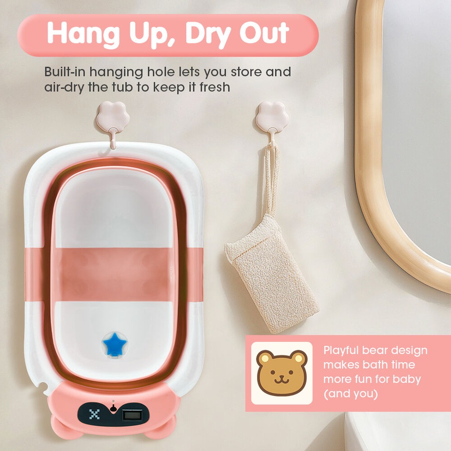 Playpals Collapsible Baby Bathtub with Thermometer Portable Tub Pink