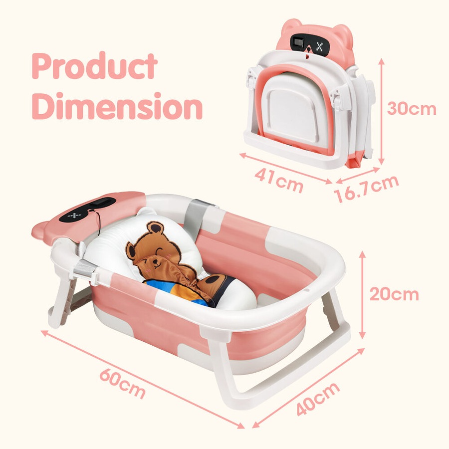 Playpals Collapsible Baby Bathtub with Thermometer Portable Tub Pink