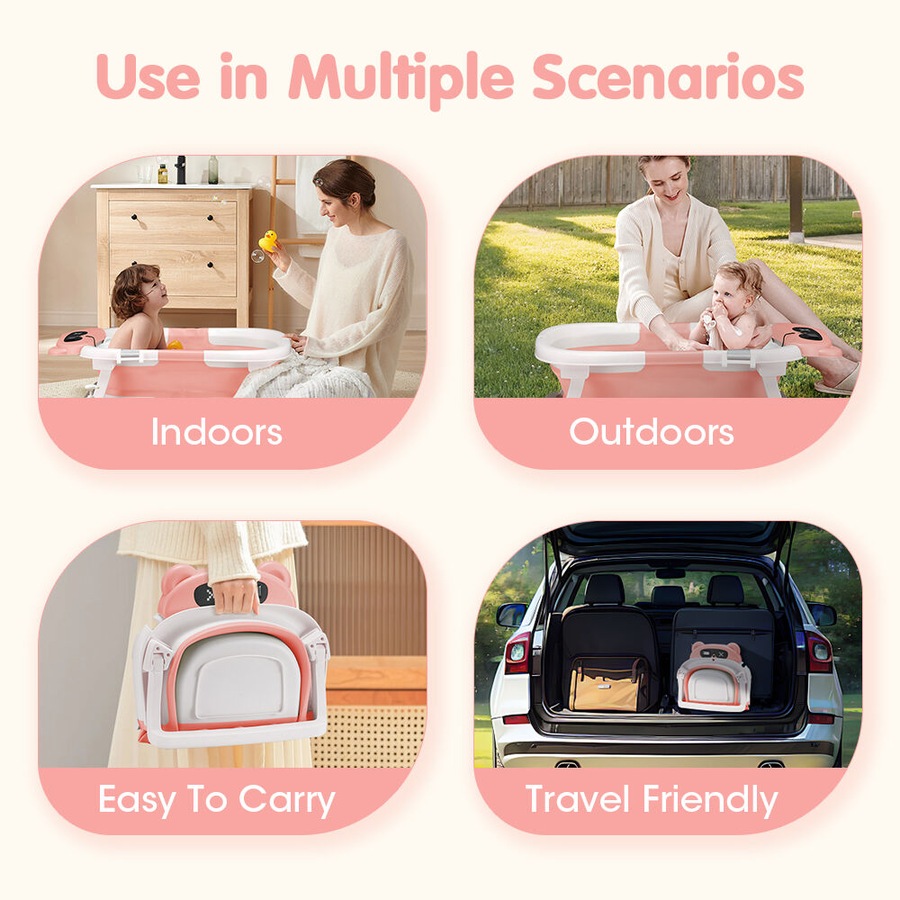 Playpals Collapsible Baby Bathtub with Thermometer Portable Tub Pink