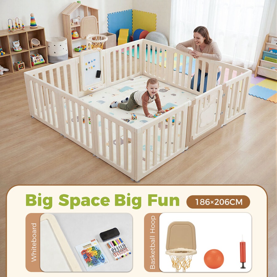 Playpals Kids Playpen 12 Panels Safety Gate with Drawing Whiteboard Play Game